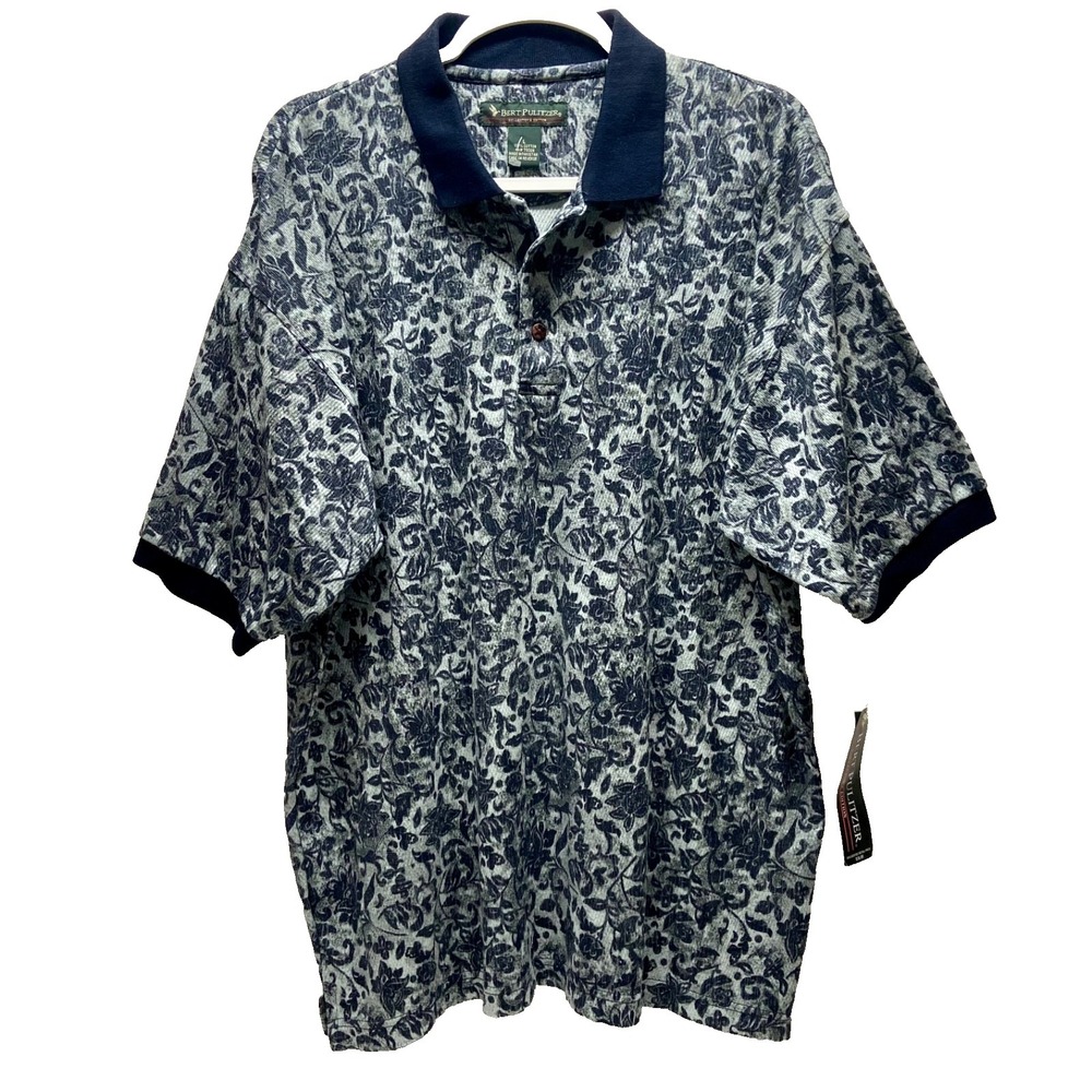 Bert Pulitzer Polo Shirt Men's Large Navy Floral Cotton Golf Collector's Edition